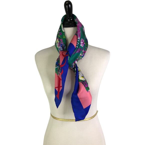 Max&Co. Scarf Womens 29"x31" Green Blue Floral Silk‎ Square Multifunction Shawl - Picture 4 of 11